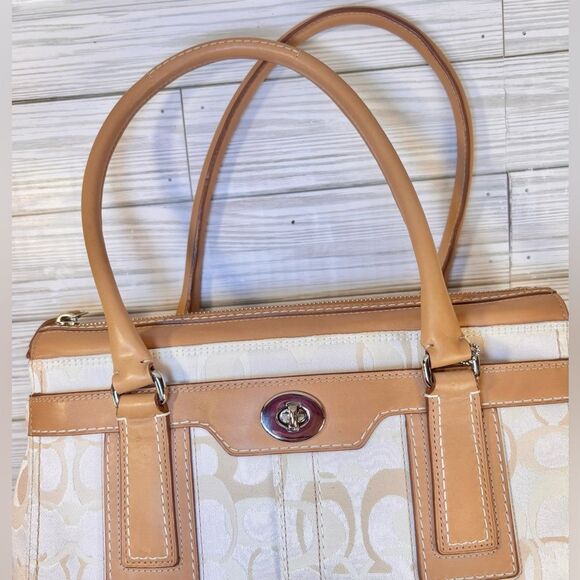 044-Coach:11818 Hampton Optic Brown Signature C Jacquard Cream Leather Handbag - Picture 10 of 12